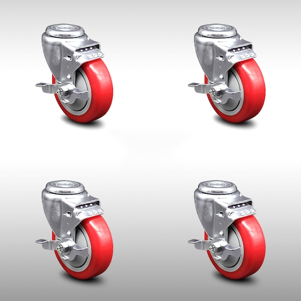 4 Inch SS Red Polyurethane Wheel Swivel Bolt Hole Caster Set with Brake SCC